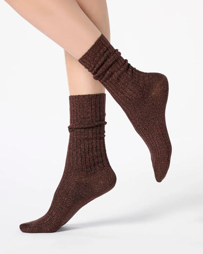 Bronze ribbed scrunched ankle socks with sparkly silver lamé 