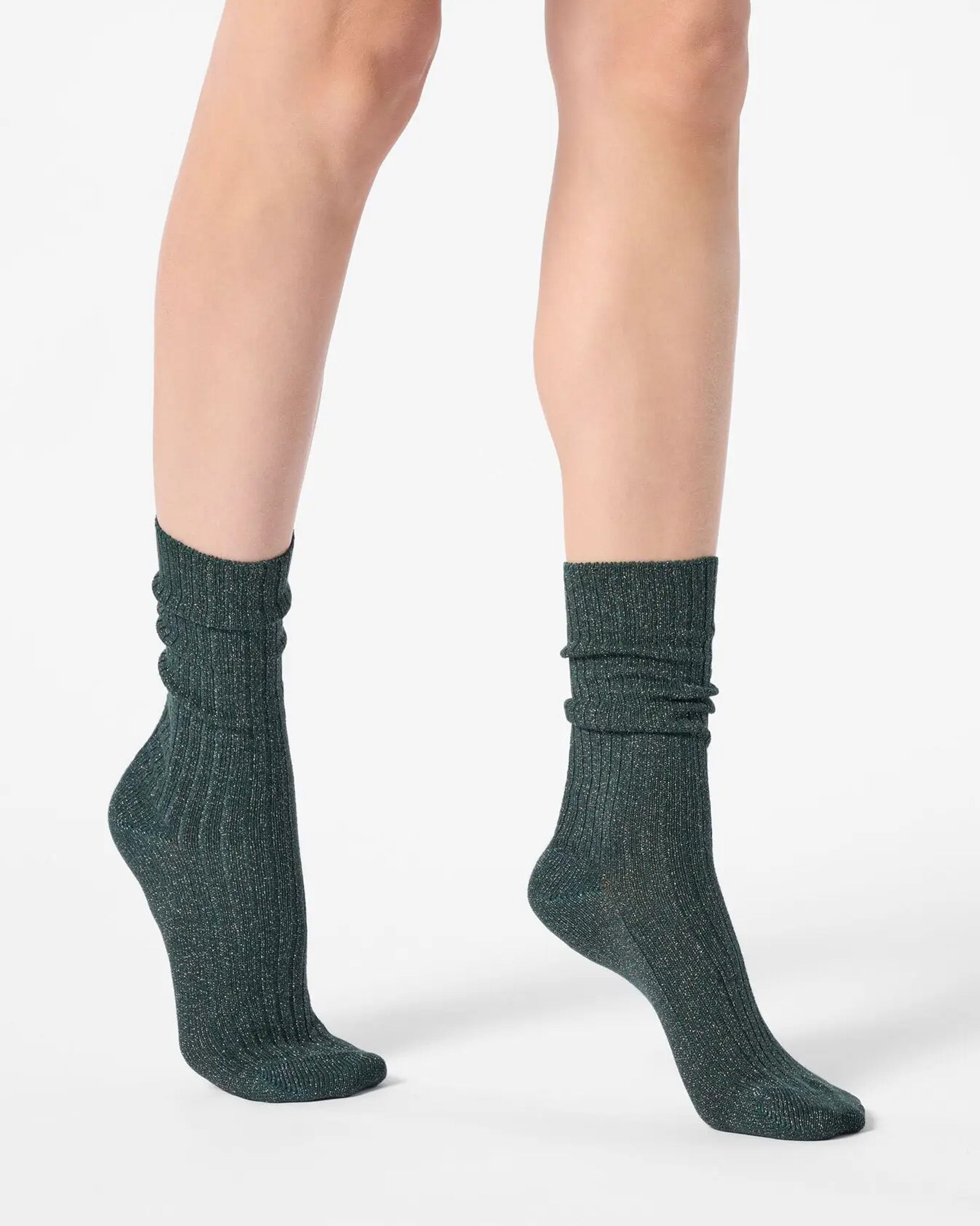 Dark green ribbed scrunched ankle socks with sparkly silver lamé 
