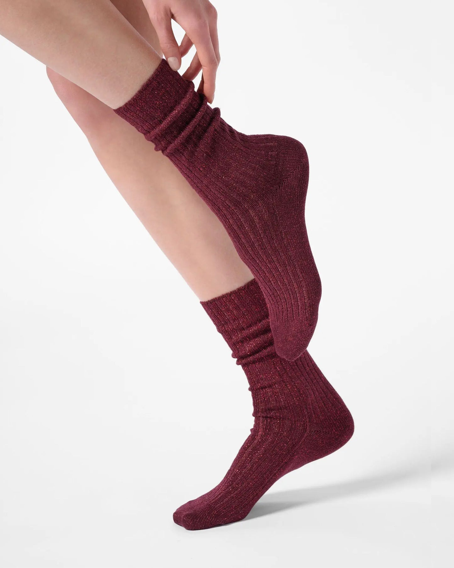 Dark maroon red ribbed scrunched ankle socks with sparkly silver lamé 