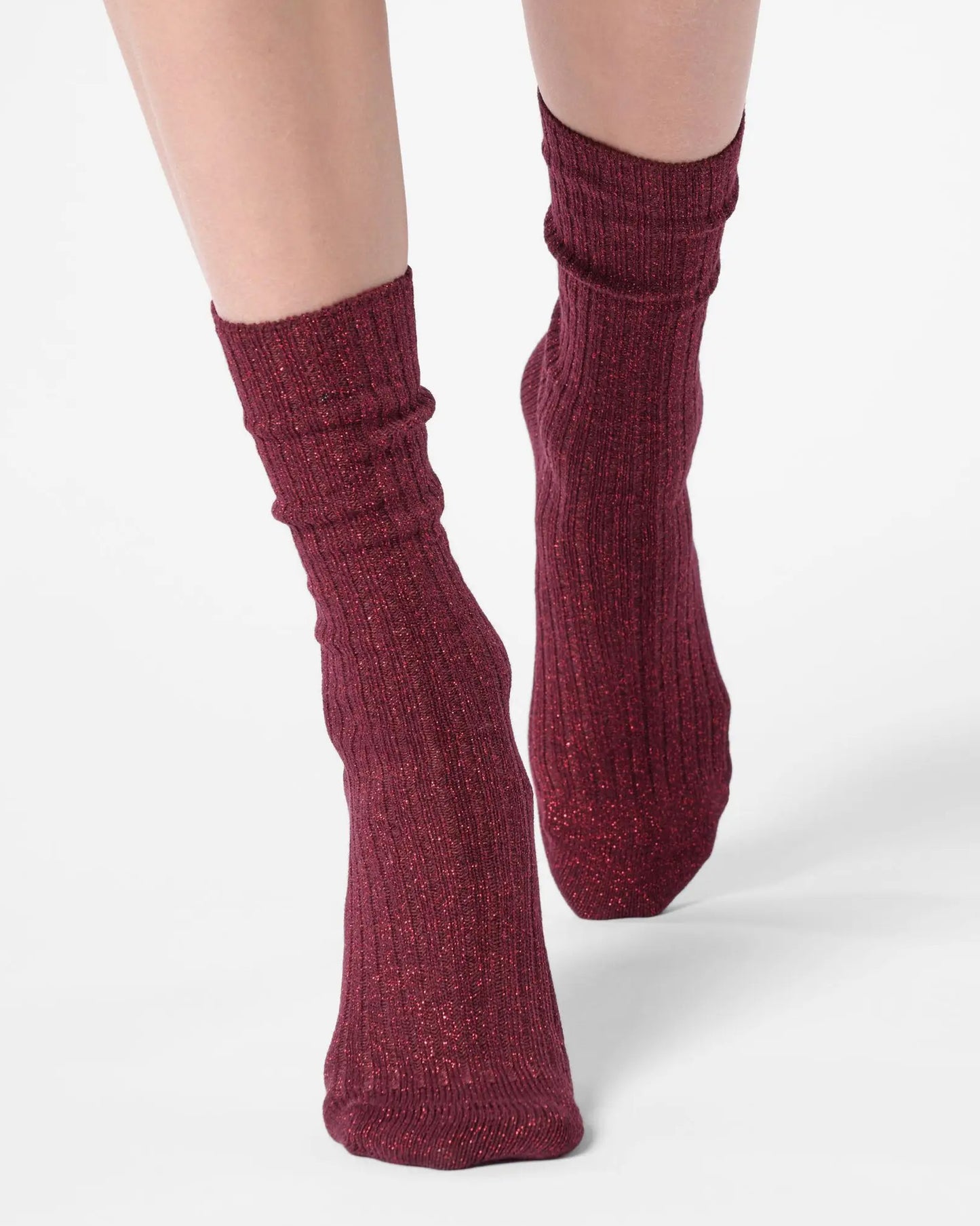 Dark maroon red ribbed scrunched ankle socks with sparkly silver lamé 