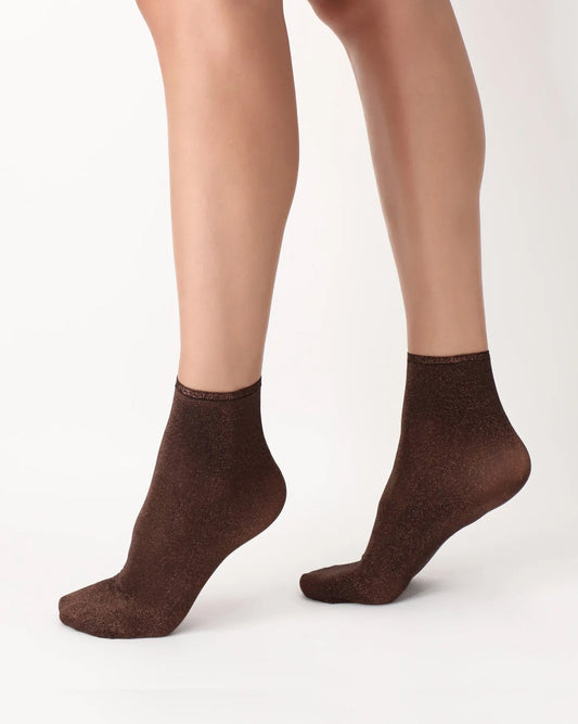 Oroblu Diamonds Sock - Black opaque sparkly lamé ankle socks with bronze metallic yarn