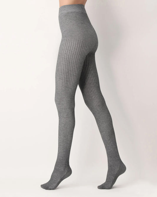 Oroblu Eco Natural Rib Tights - Light fleck grey ribbed knitted tights made of soft recycled polyester and viscose with built in shoe liner socks.