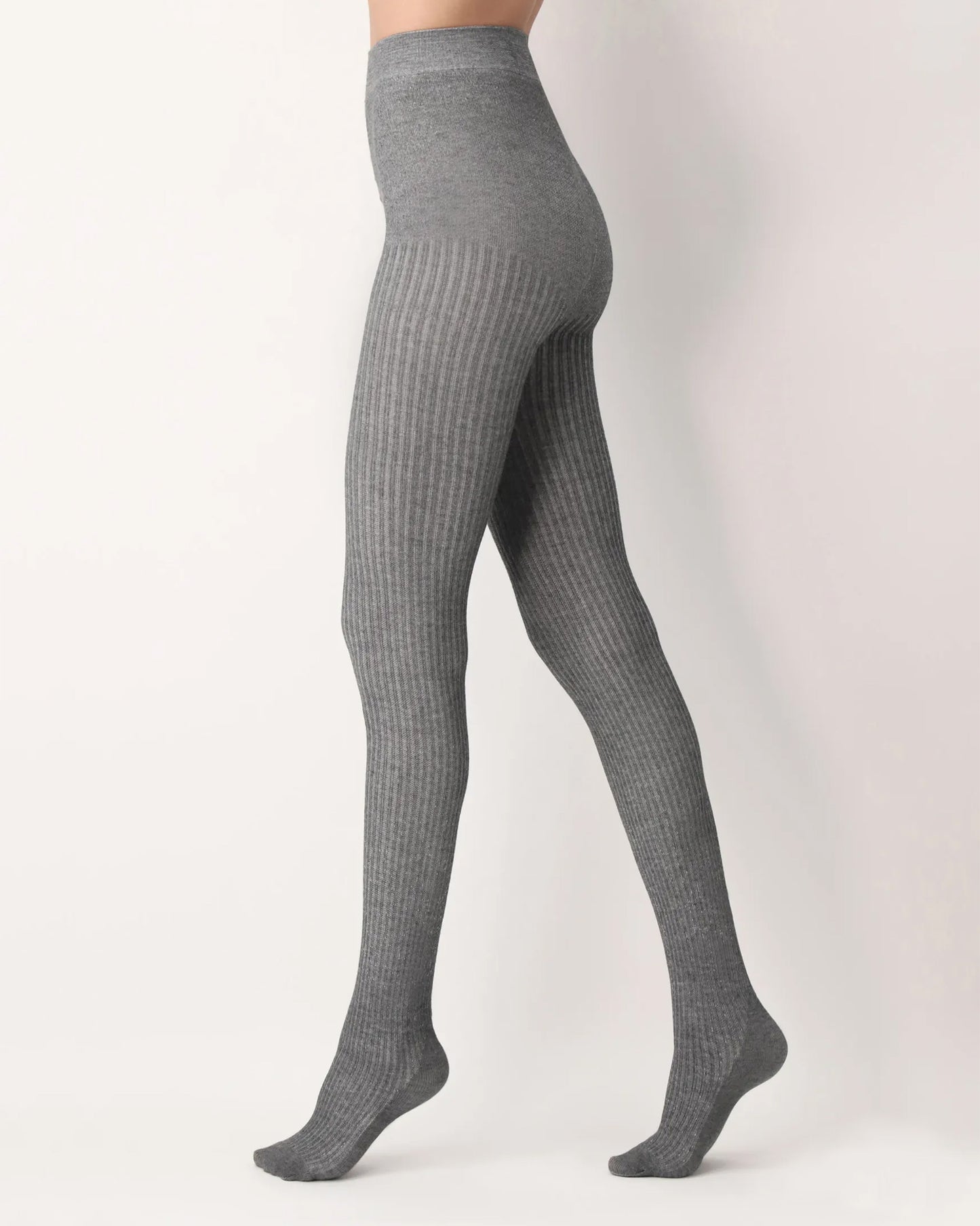 Oroblu Eco Natural Rib Tights - Light fleck grey ribbed knitted tights made of soft recycled polyester and viscose with built in shoe liner socks.