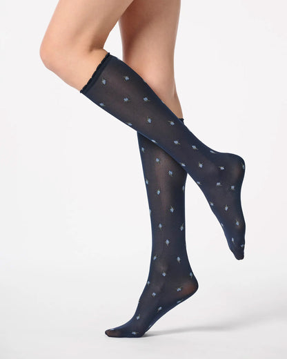Navy semi-opaque knee-high socks with blue floral pattern.