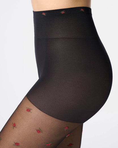 Sheer black fashion tights with red roses pattern, boxer top detail.