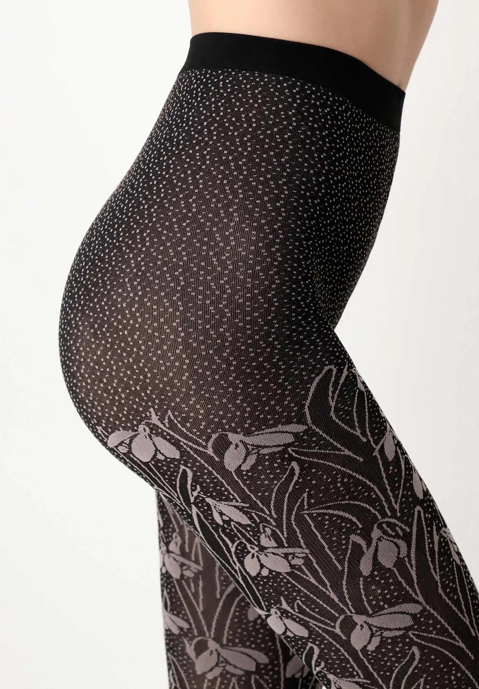 Oroblù I Love First Class Flowers Tights - Black opaque fashion tights with an all over snowdrops floral pattern in beige with a speckled background all the way to the wasit.