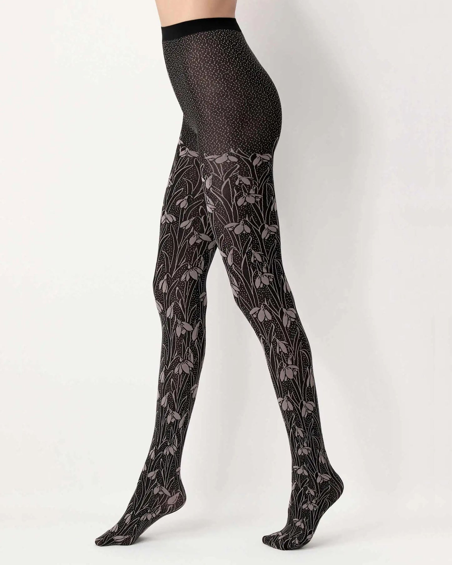 Oroblù I Love First Class Flowers Tights - Black opaque fashion tights with an all over snowdrops floral pattern in beige with a speckled background