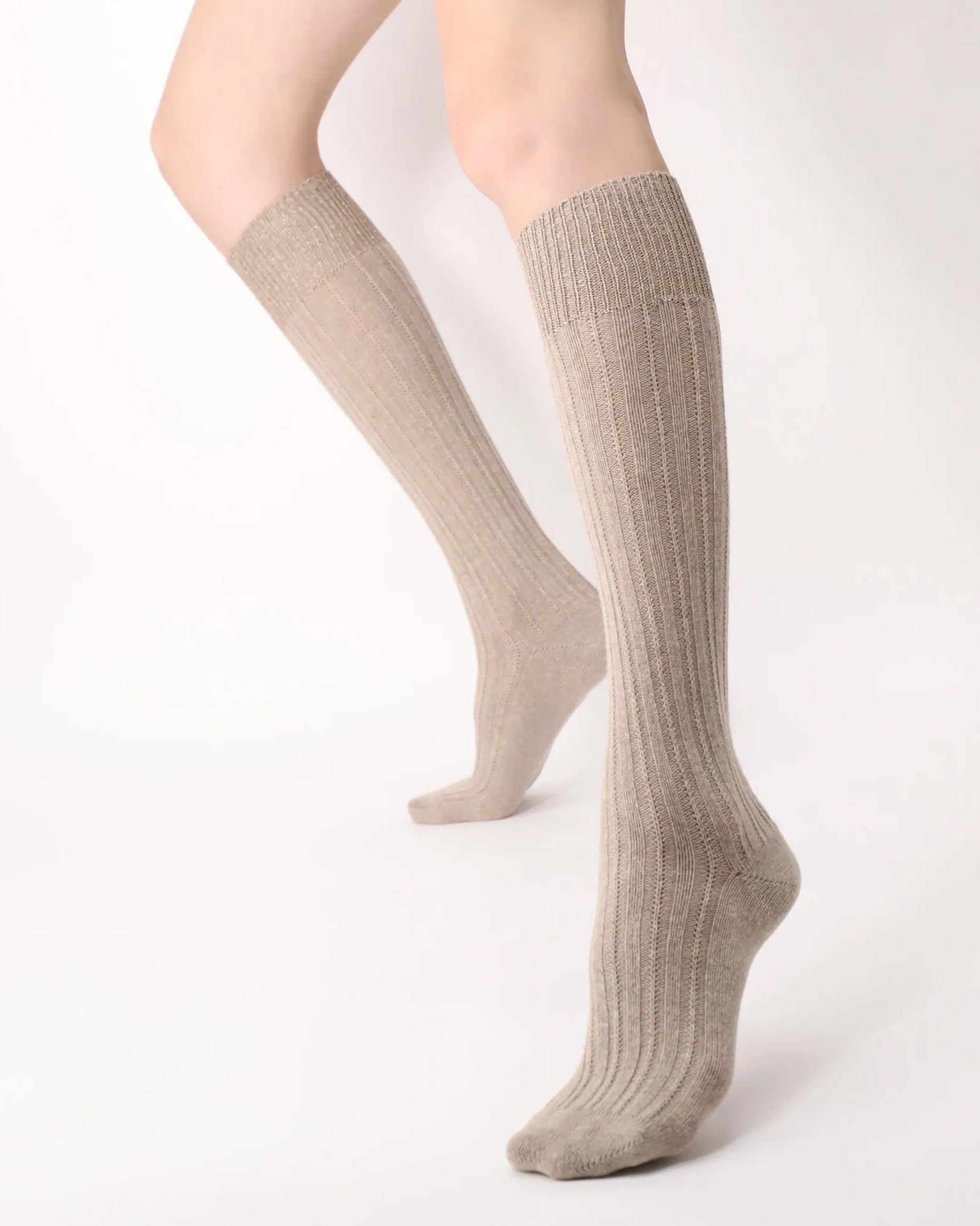 Oroblù Jasmine Knee-Highs - Ultra soft and warm beige ribbed knitted knee-high socks with a touch of alpaca, sparkly gold lurex cuff.