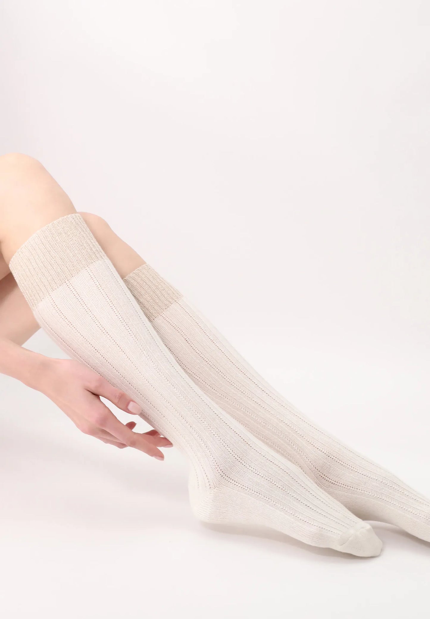 Oroblù Jasmine Knee-Highs - Ultra soft and warm cream ribbed knitted knee-high socks with a touch of alpaca, sparkly silver lurex cuff.