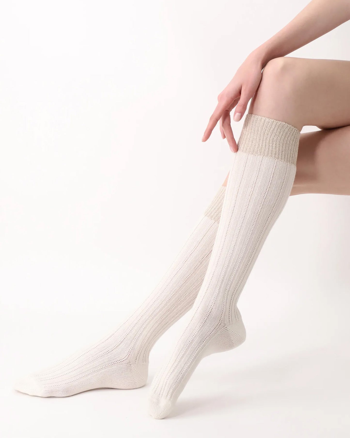 Oroblù Jasmine Knee-Highs - Ultra soft and warm cream ribbed knitted knee-high socks with a touch of alpaca, sparkly silver lamé cuff.