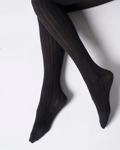 Black knitted cotton socks with a geometric stripe cable design