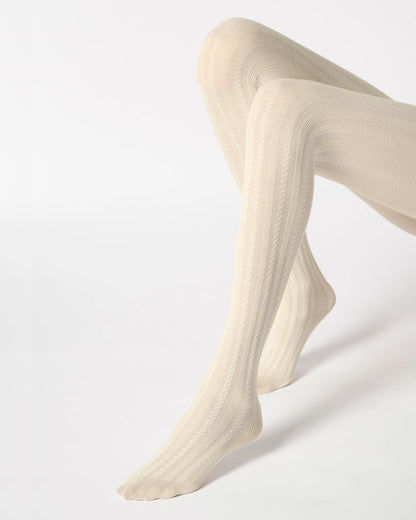 Cream knitted cotton socks with a geometric stripe cable design