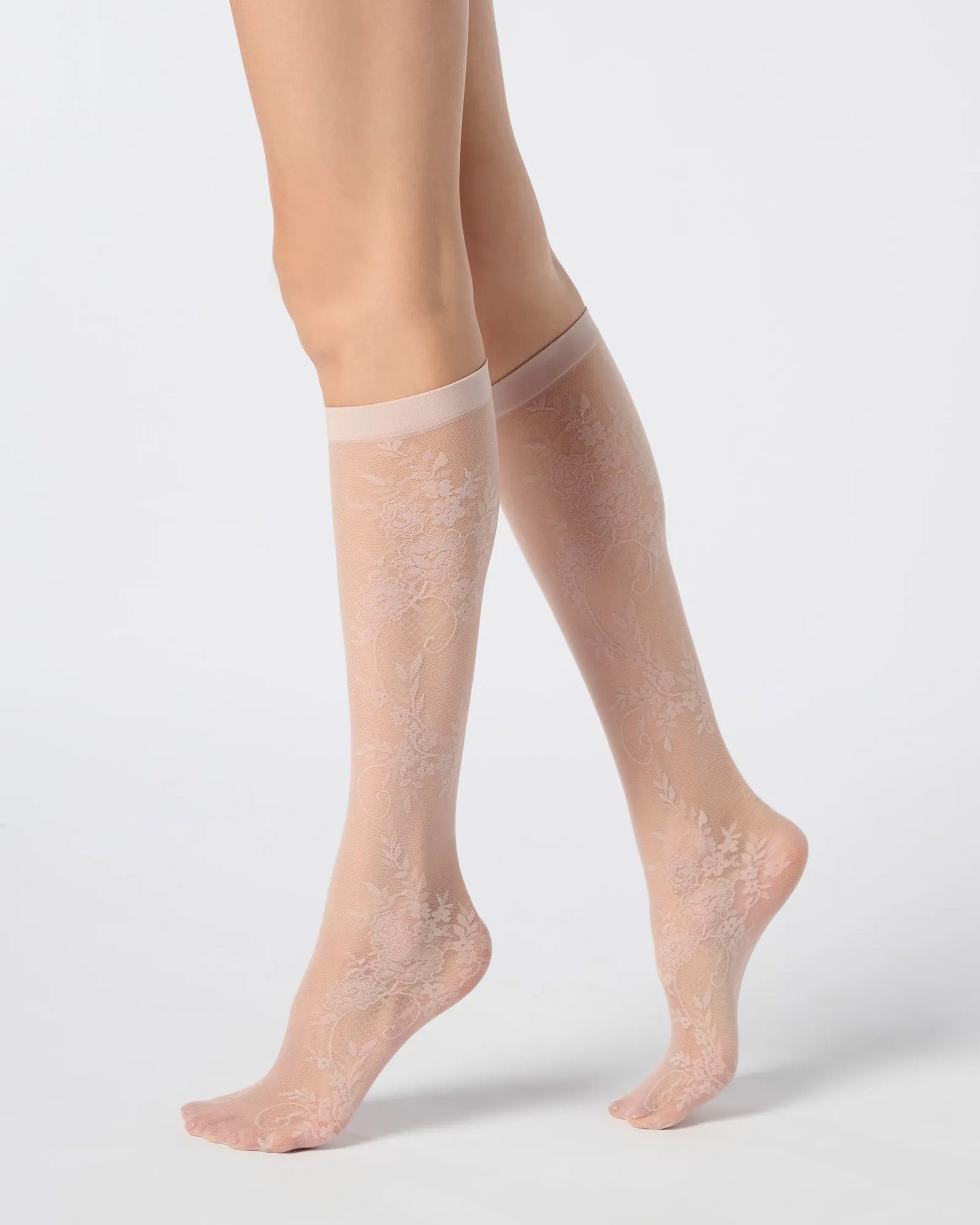 Oroblù Lace Like Gambaletto - Sheer nude blue fashion knee-high socks with a flower lace style pattern and plain cuff.