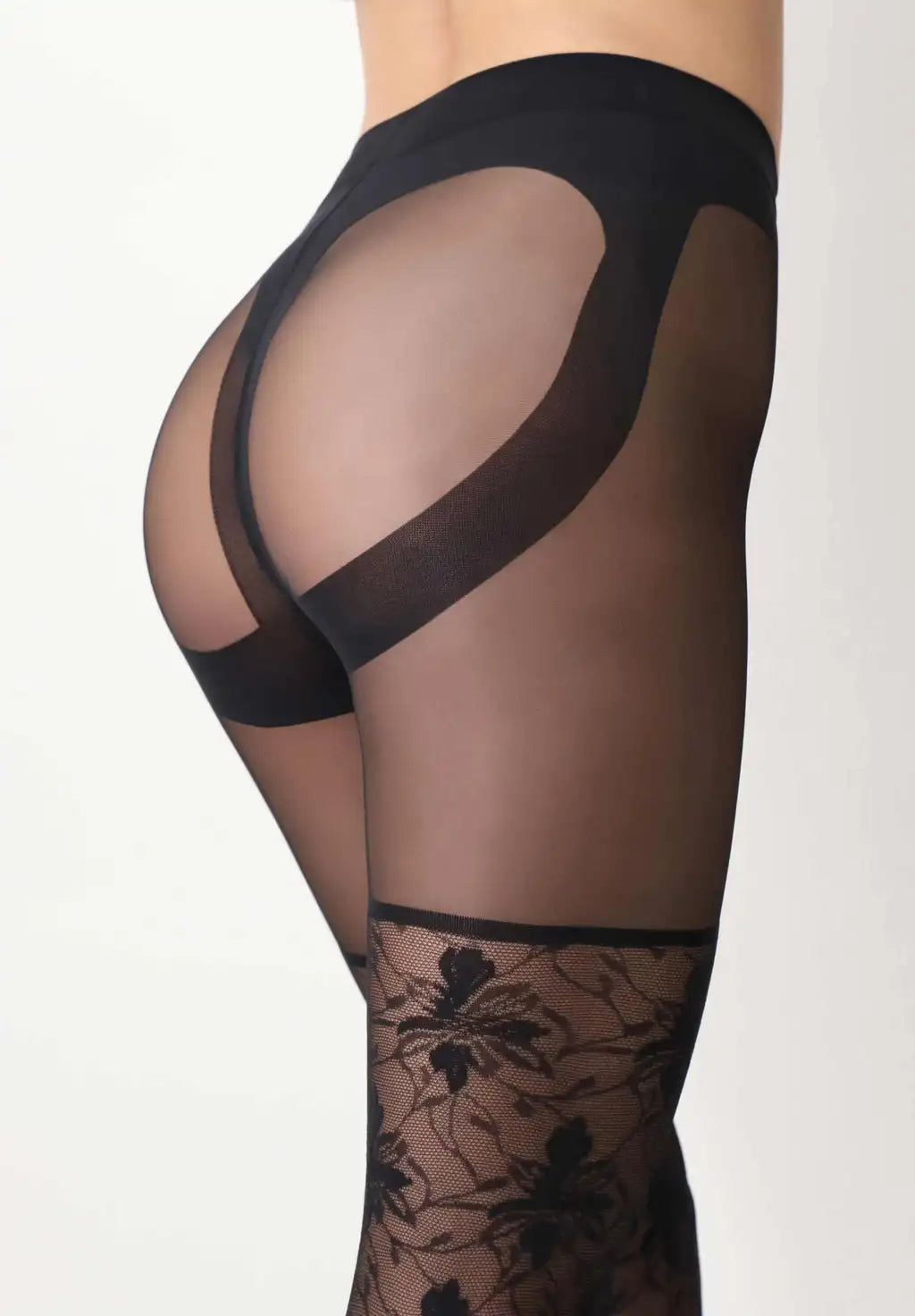 Oroblù Shock Up Lace Tights - Black semi-sheer fashion tights with a floral lace pattern up to the thigh, shaping push-up panty control-top