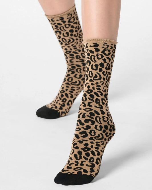 beige ankle socks with a black leopard print pattern