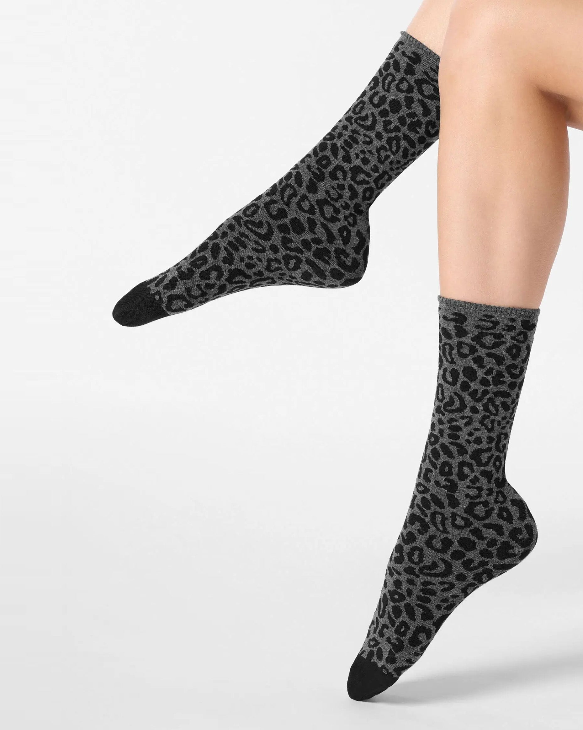grey ankle socks with a black leopard print pattern