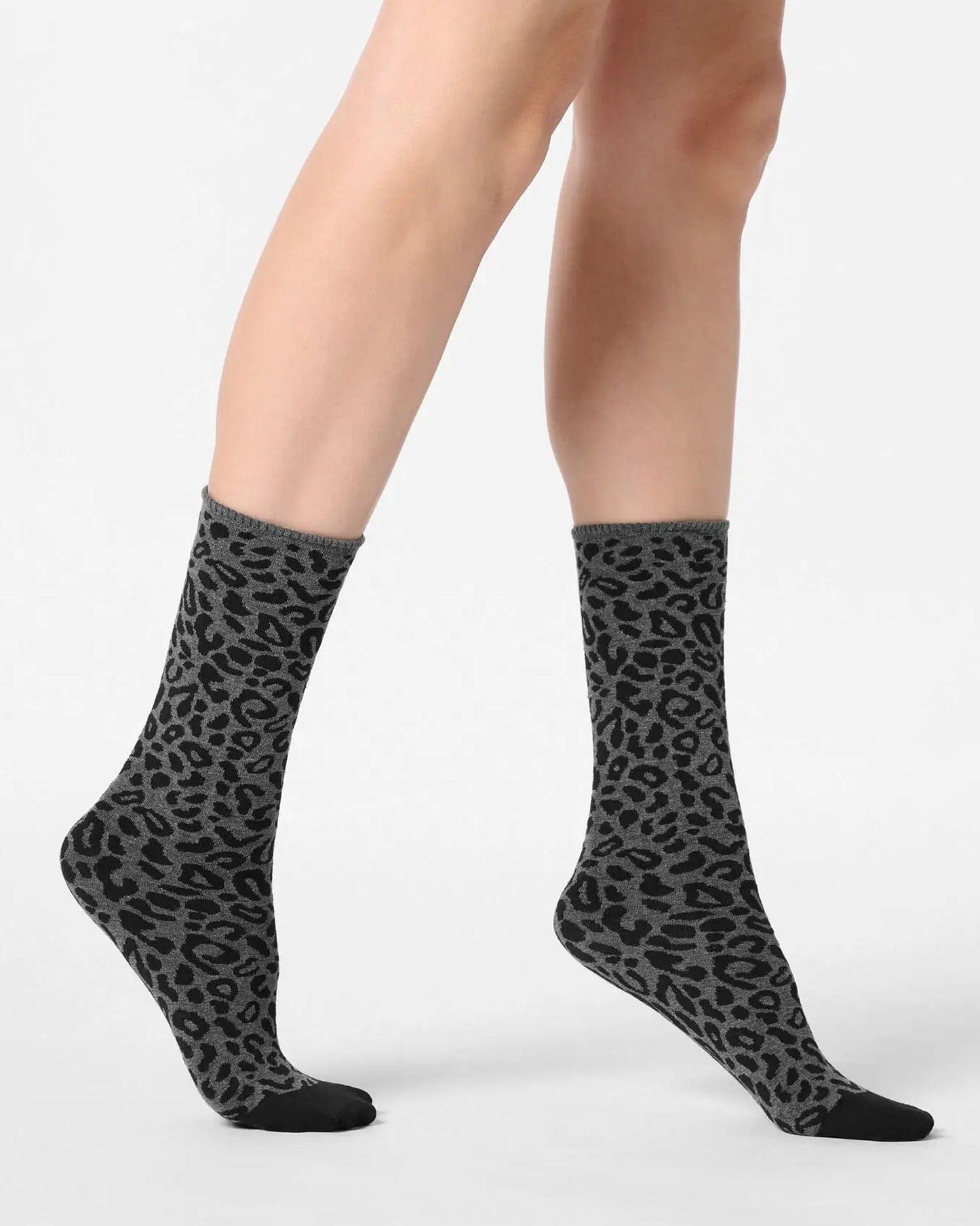 grey ankle socks with a black leopard print pattern