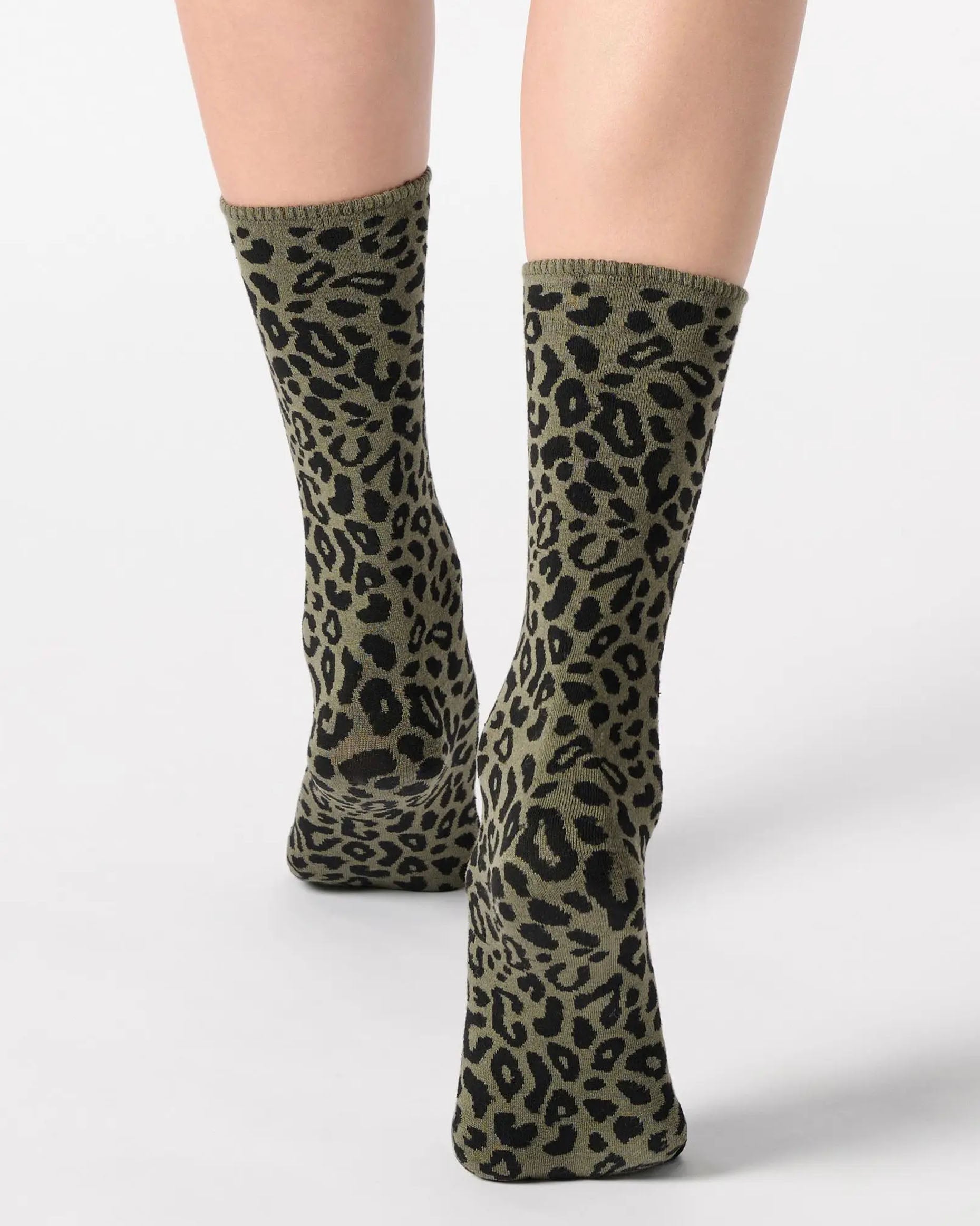 khaki green ankle socks with a black leopard print pattern