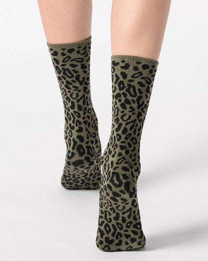 khaki green ankle socks with a black leopard print pattern