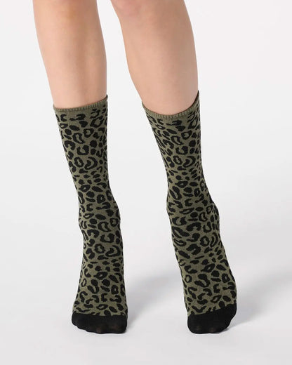 khaki green ankle socks with a black leopard print pattern
