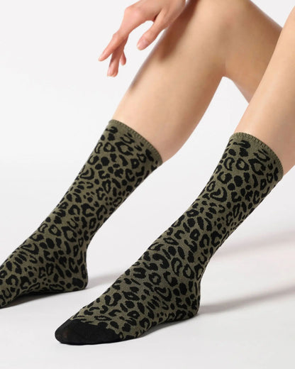 khaki green ankle socks with a black leopard print pattern