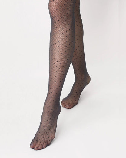 Sheer navy micro-mesh tulle effect fashion tights with a small polka dot pattern, opaque panty top, comfort waistband