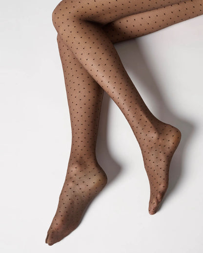 Sheer brown micro-mesh tulle effect fashion tights with a small polka dot pattern.