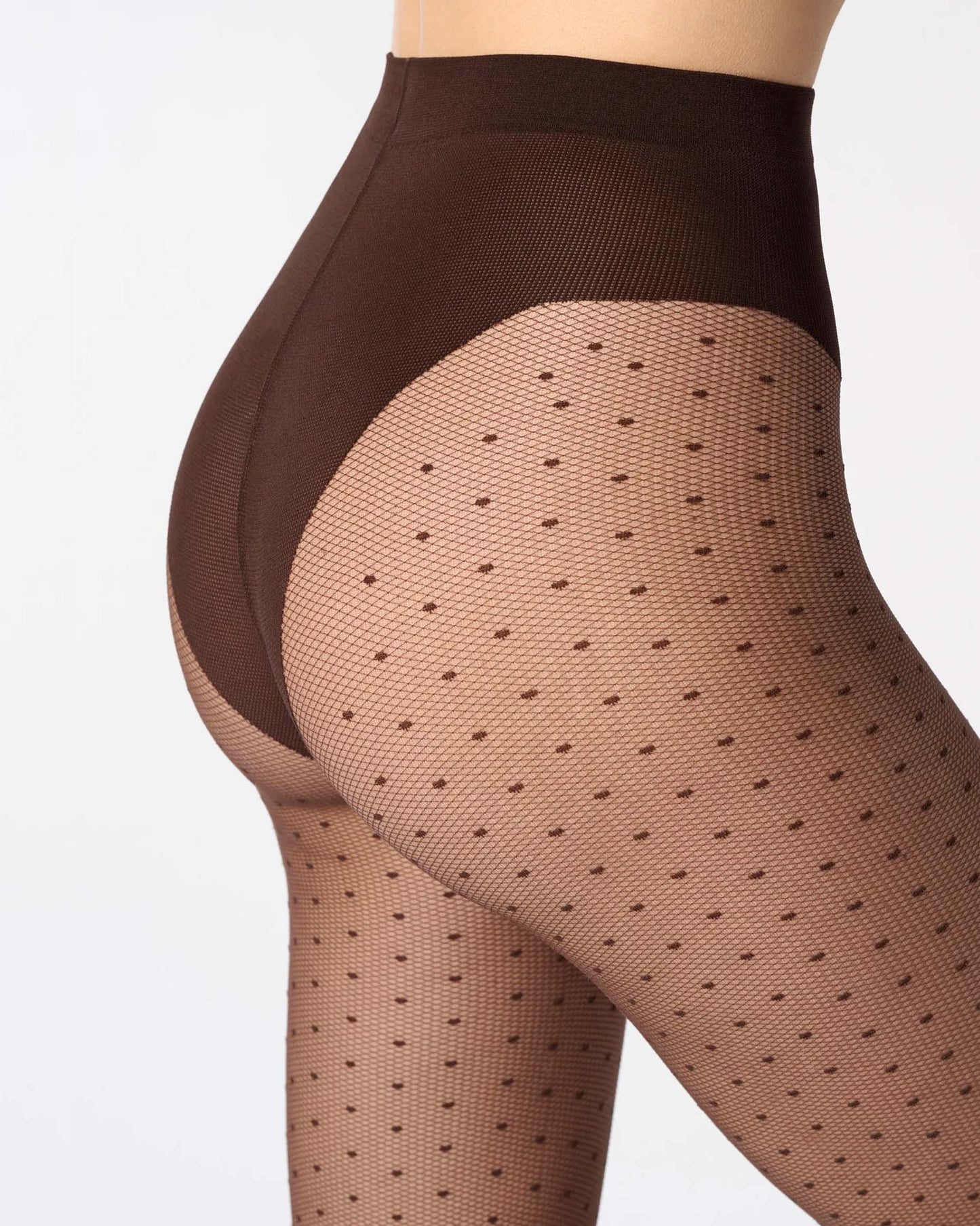Sheer brown micro-mesh tulle effect fashion tights with a small polka dot pattern, opaque panty top.