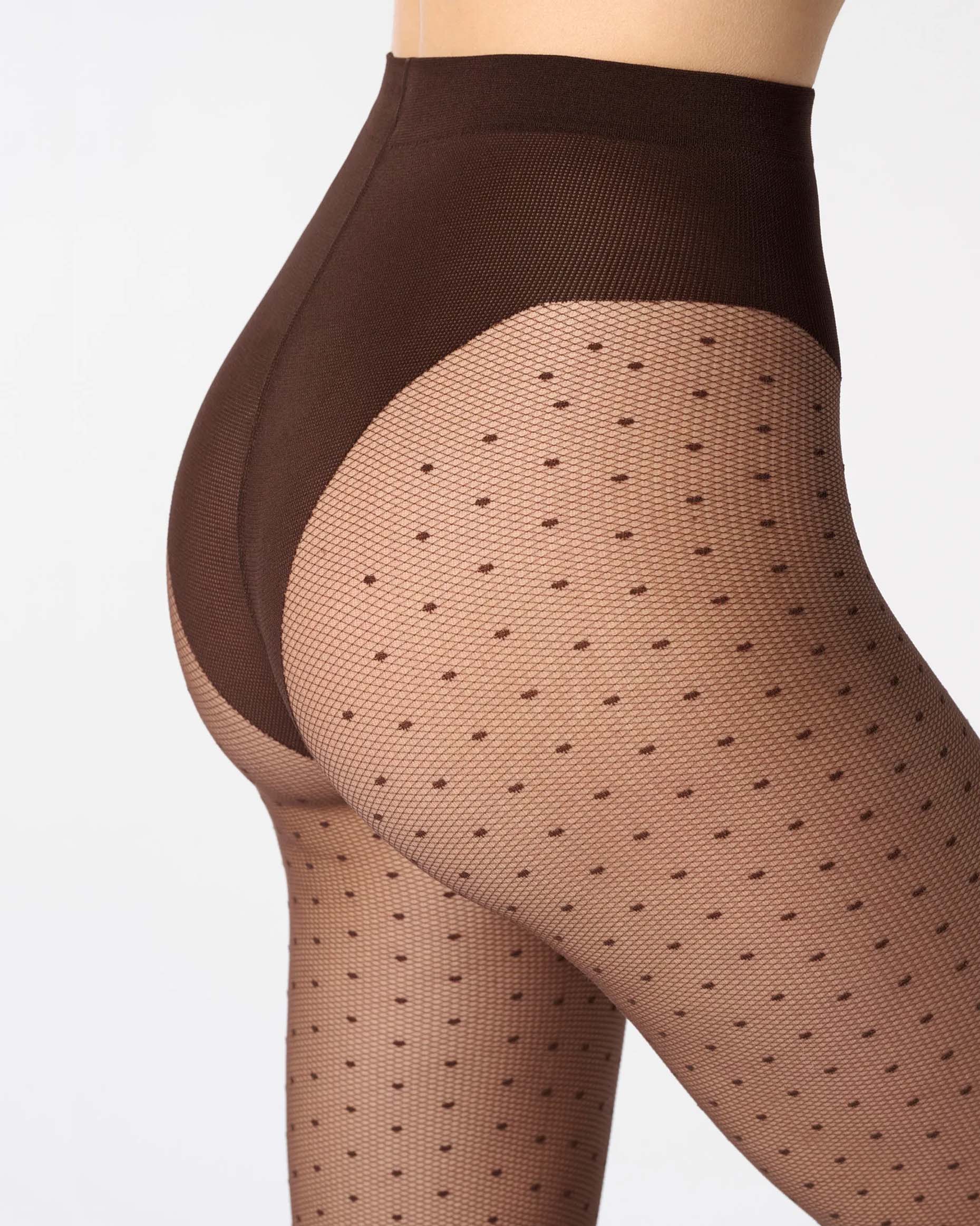 Sheer brown micro-mesh tulle effect fashion tights with a small polka dot pattern, opaque panty top.