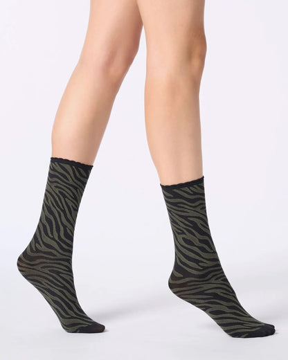 Black and khaki green zebra print ankle socks.