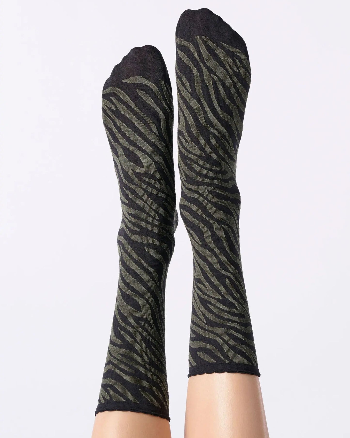 Black and khaki green zebra print ankle socks.