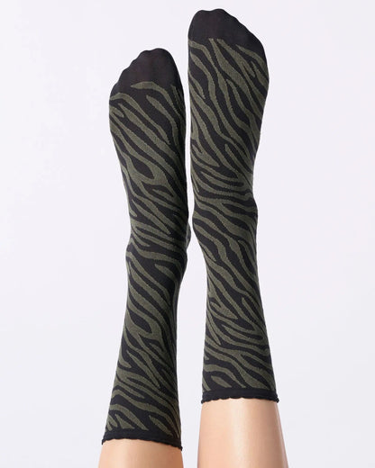 Black and khaki green zebra print ankle socks.