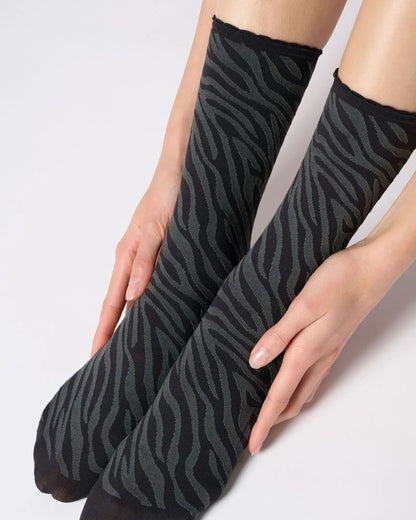 Black and grey zebra print ankle socks.