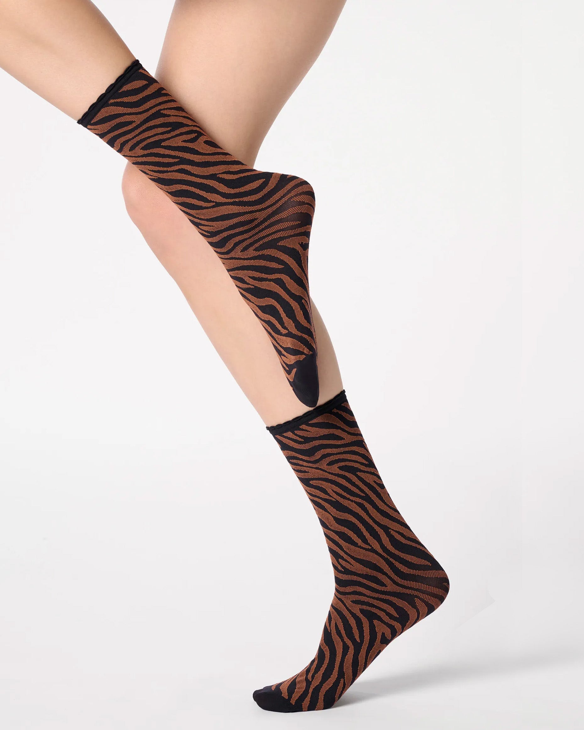 Black and rusty brown zebra print ankle socks.