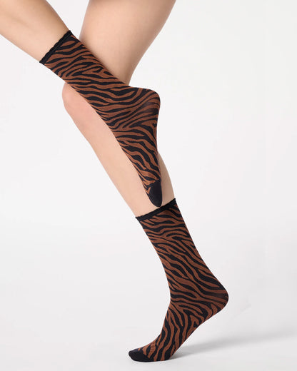 Black and rusty brown zebra print ankle socks.