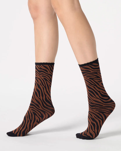 Black and rusty brown zebra print ankle socks.
