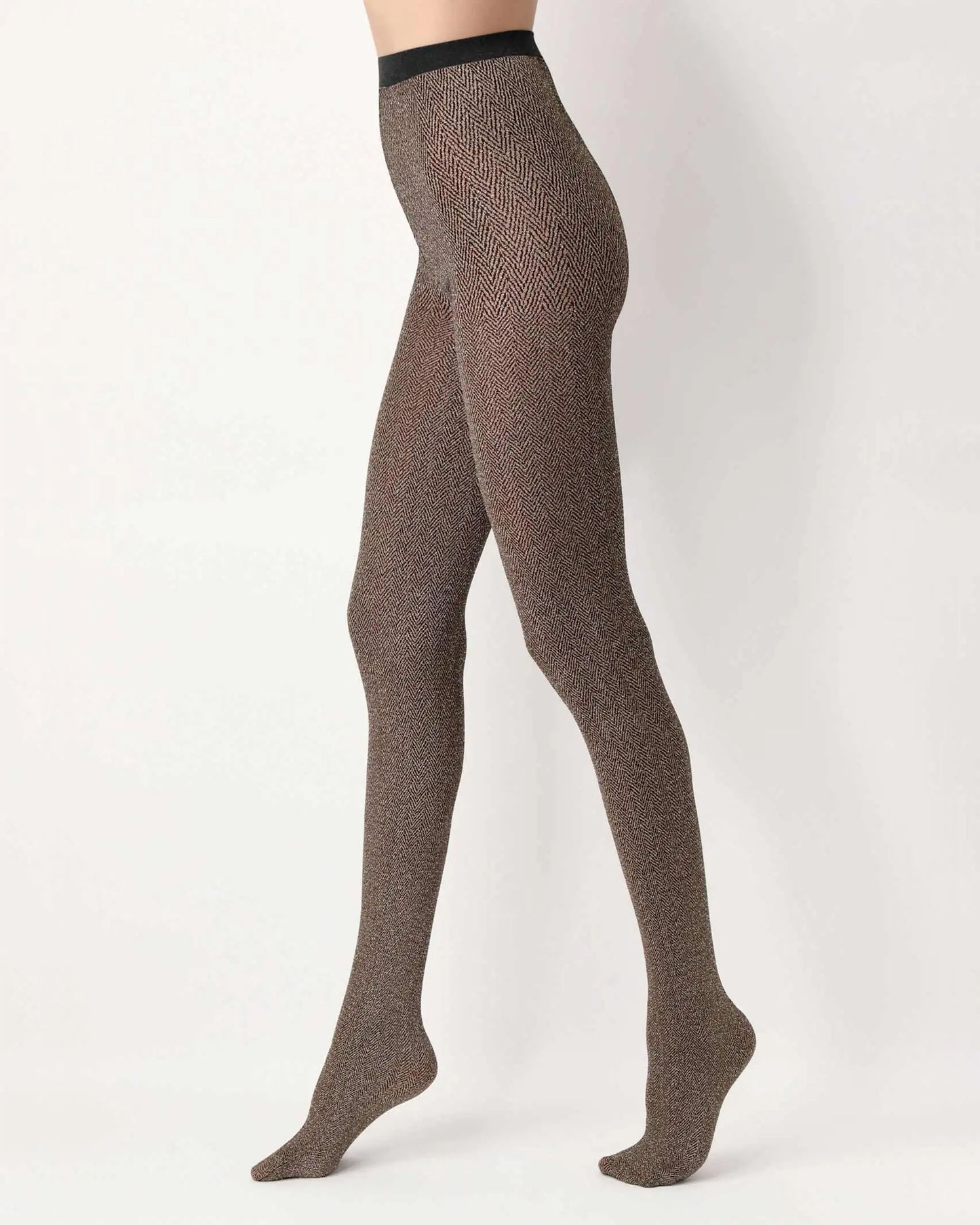 Oroblù Sparkle Tweed Tights - Opaque two-toned tweed herringbone patterned fashion tights in beige and black with sparkly lamé