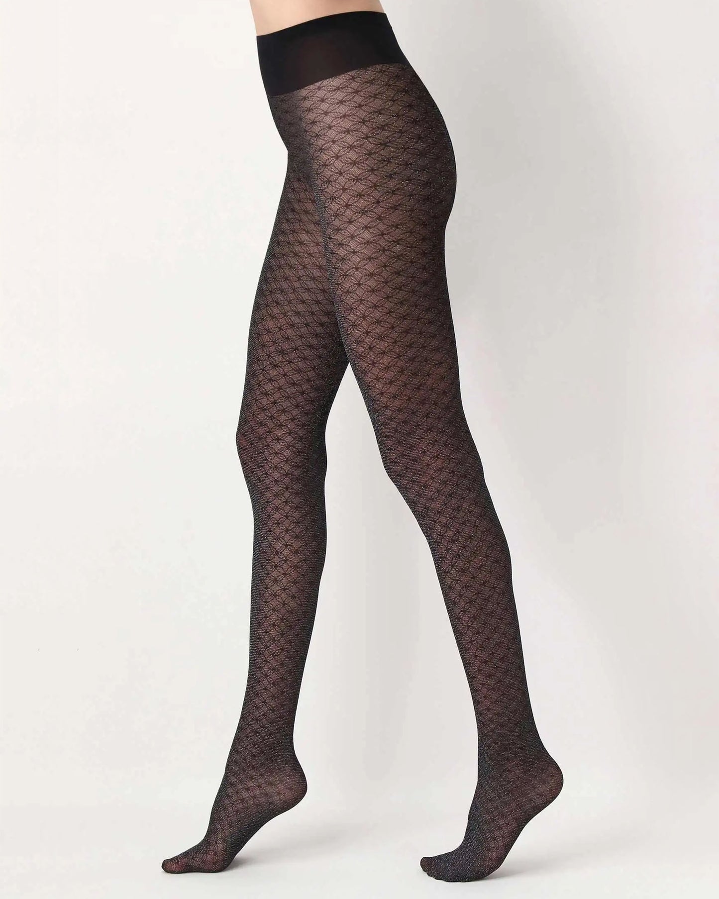 Oroblù Sparkly Lace Tights - Black semi sheer fashion tights with an all over delicate geometric lace style pattern in silver lamé
