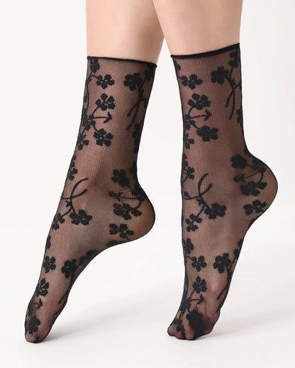 Oroblù Spring Flowers Sock - Sheer black fashion ankle socks with a woven floral pattern and no cuff roll top.