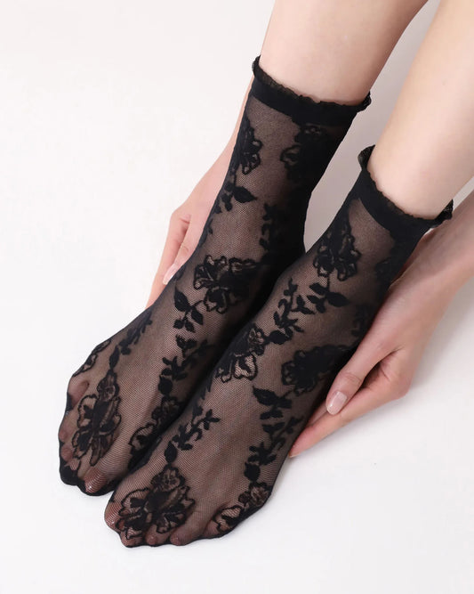 Oroblù Trim Calzino - Sheer black micro mesh fashion ankle socks with a woven floral lace style pattern and frill cuff edge.