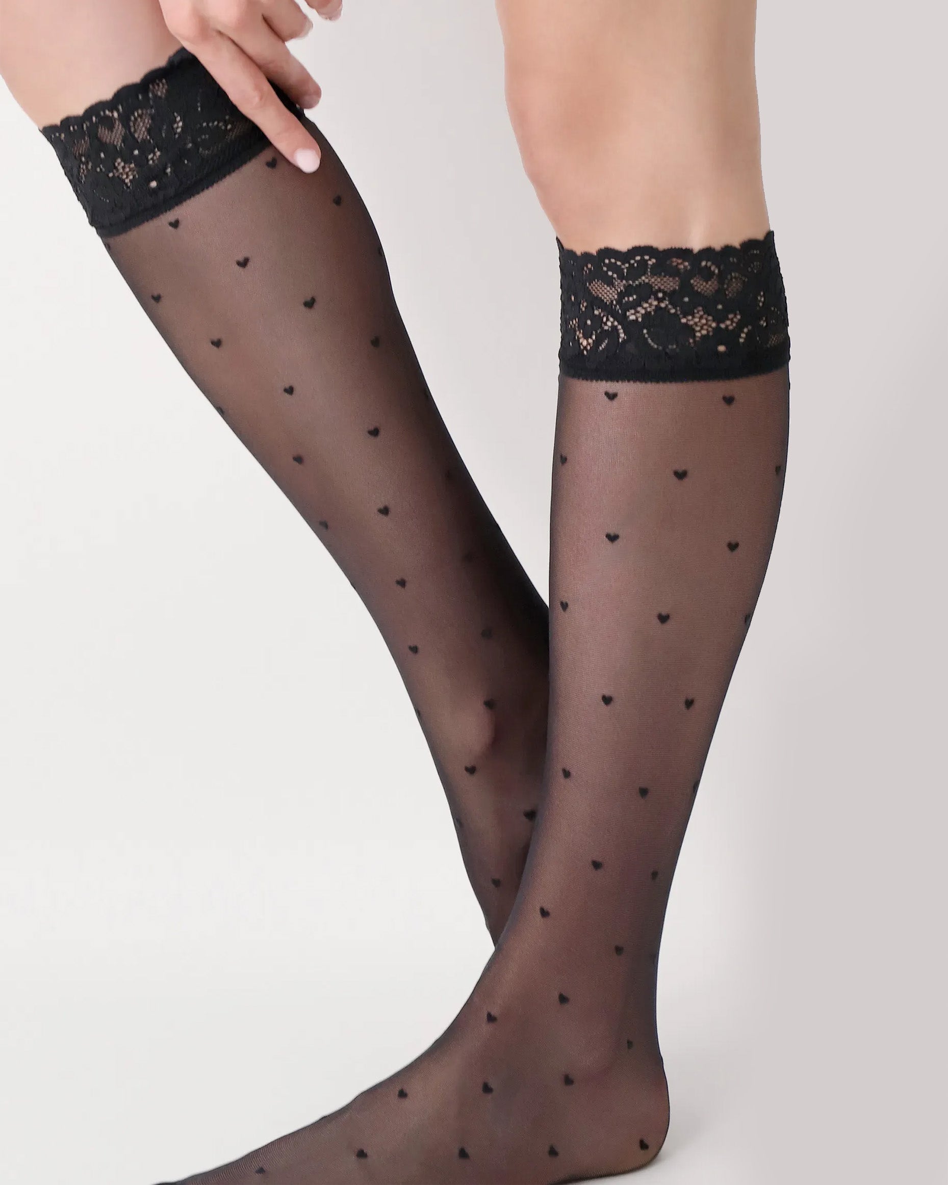 Oroblù Sweetie Gambaletto - Sheer navy blue fashion knee-high socks with an all over dotted heart pattern and floral lace cuff.