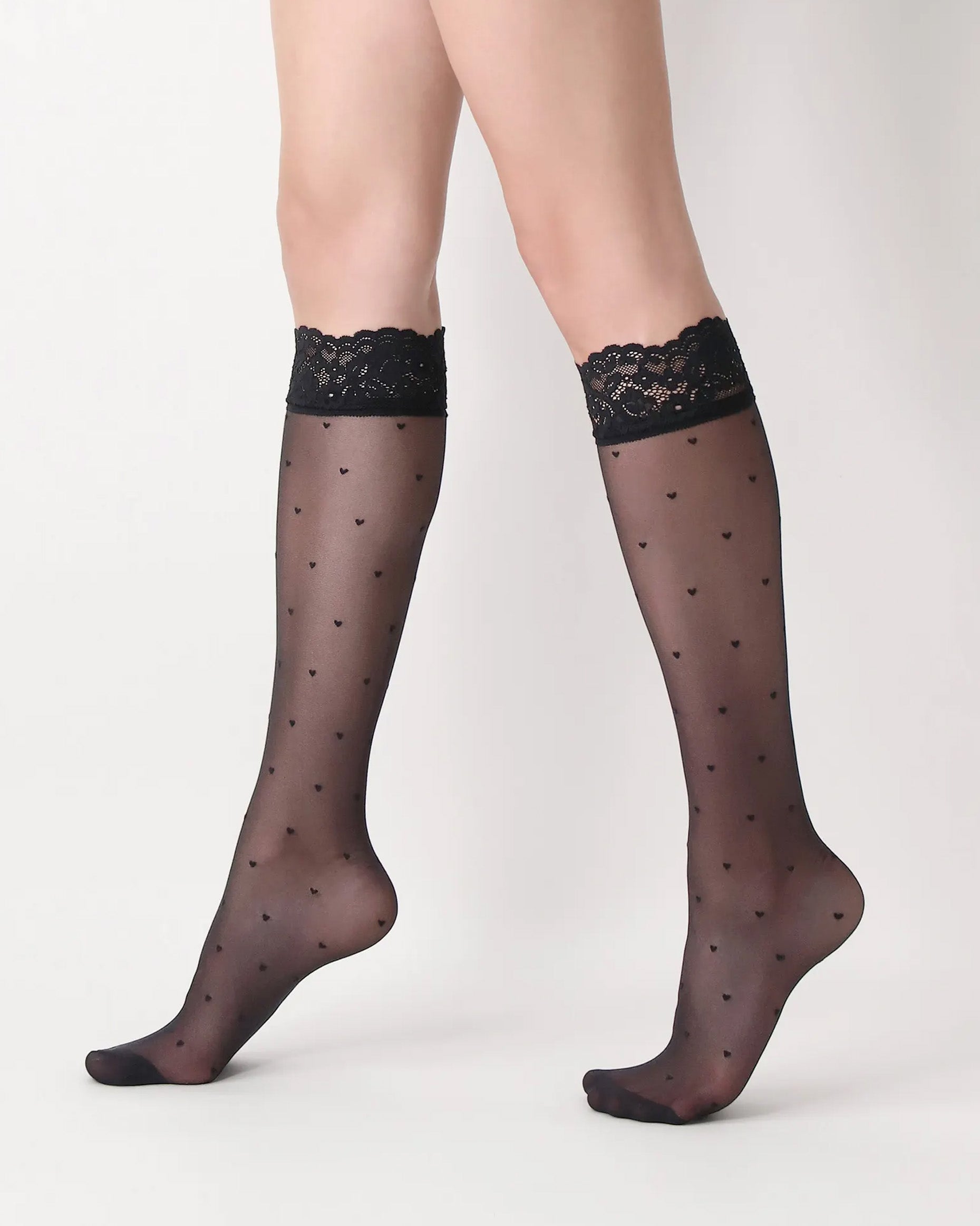 Oroblù Sweetie Gambaletto - Sheer black blue fashion knee-high socks with an all over dotted heart pattern and floral lace cuff.