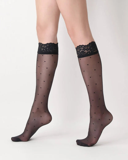 Oroblù Sweetie Gambaletto - Sheer black blue fashion knee-high socks with an all over dotted heart pattern and floral lace cuff.