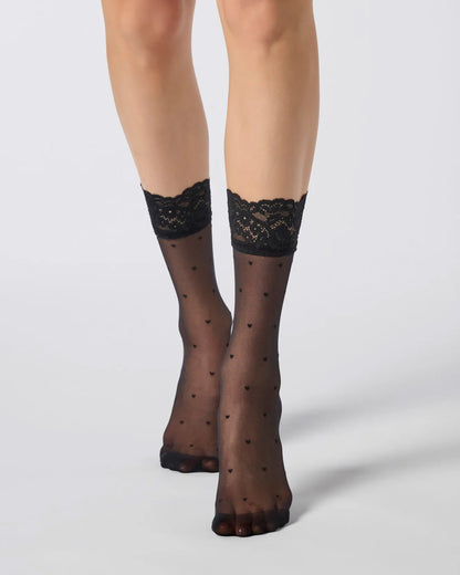 Oroblù Sweetie Calzino - Sheer black fashion ankle socks with an all over dotted heart pattern and floral lace cuff.