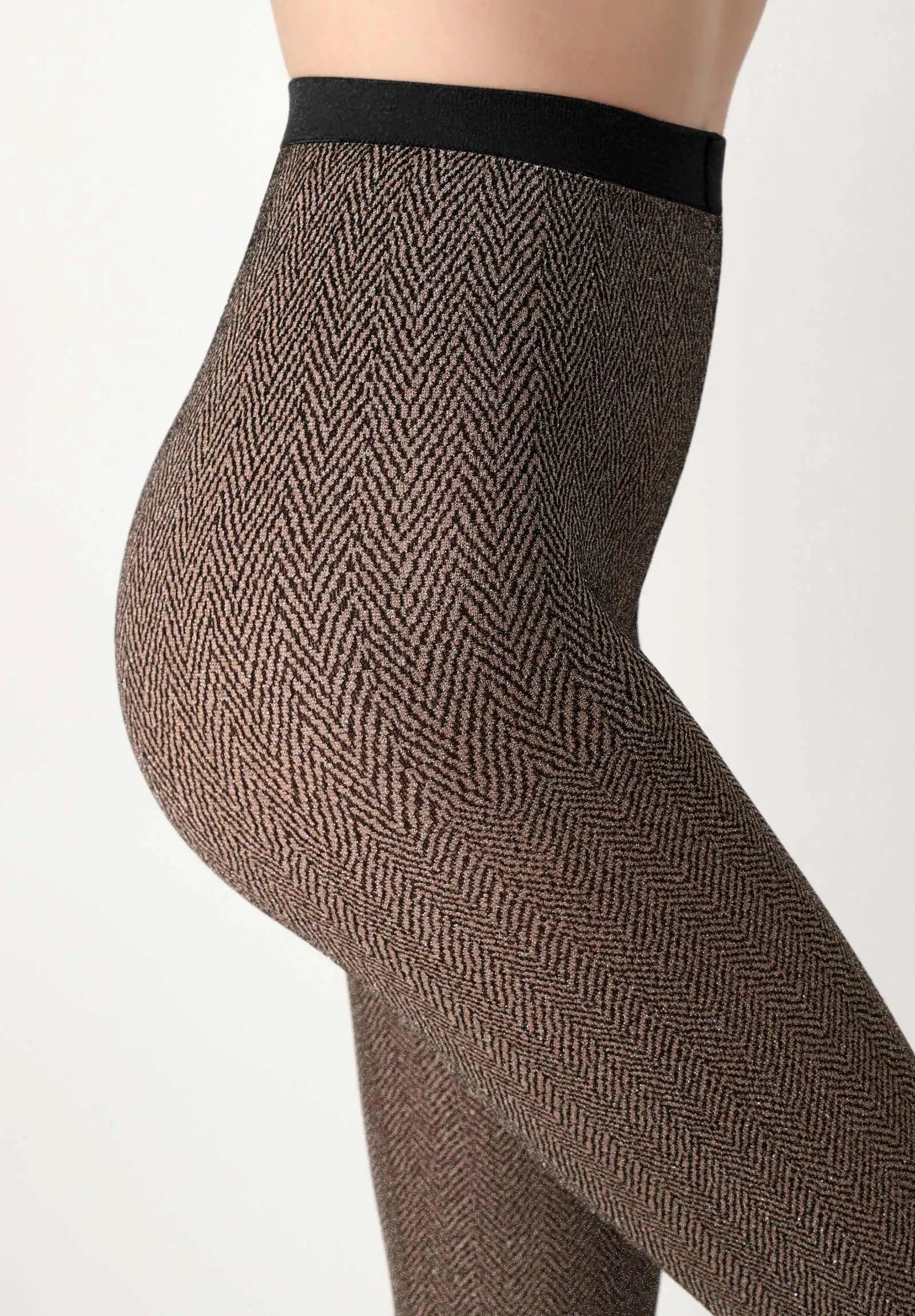 Oroblù Sparkle Tweed Tights - Opaque two-toned tweed herringbone patterned fashion tights in beige and black with sparkly silver glitter
