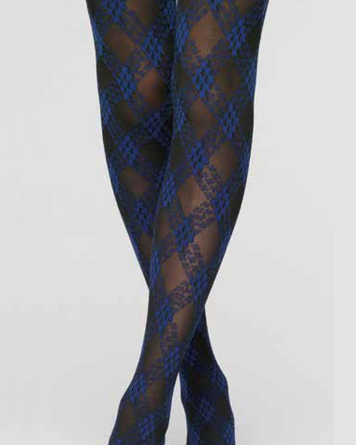 Blue and black argyle patterned tights shown on a model's legs against a light gray background.