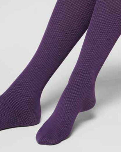 close up of dark purple knee socks with a black pinstripe rib
