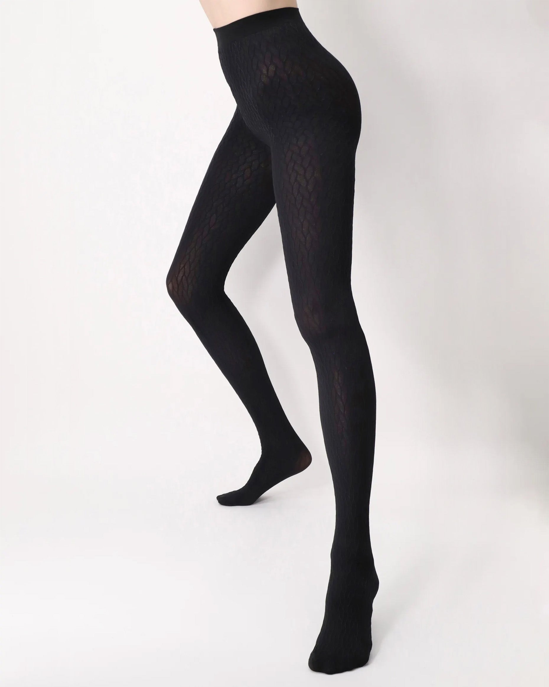 Oroblù Winding Tights - Black opaque fashion tights with an all over subtle braided cable knit style textured pattern