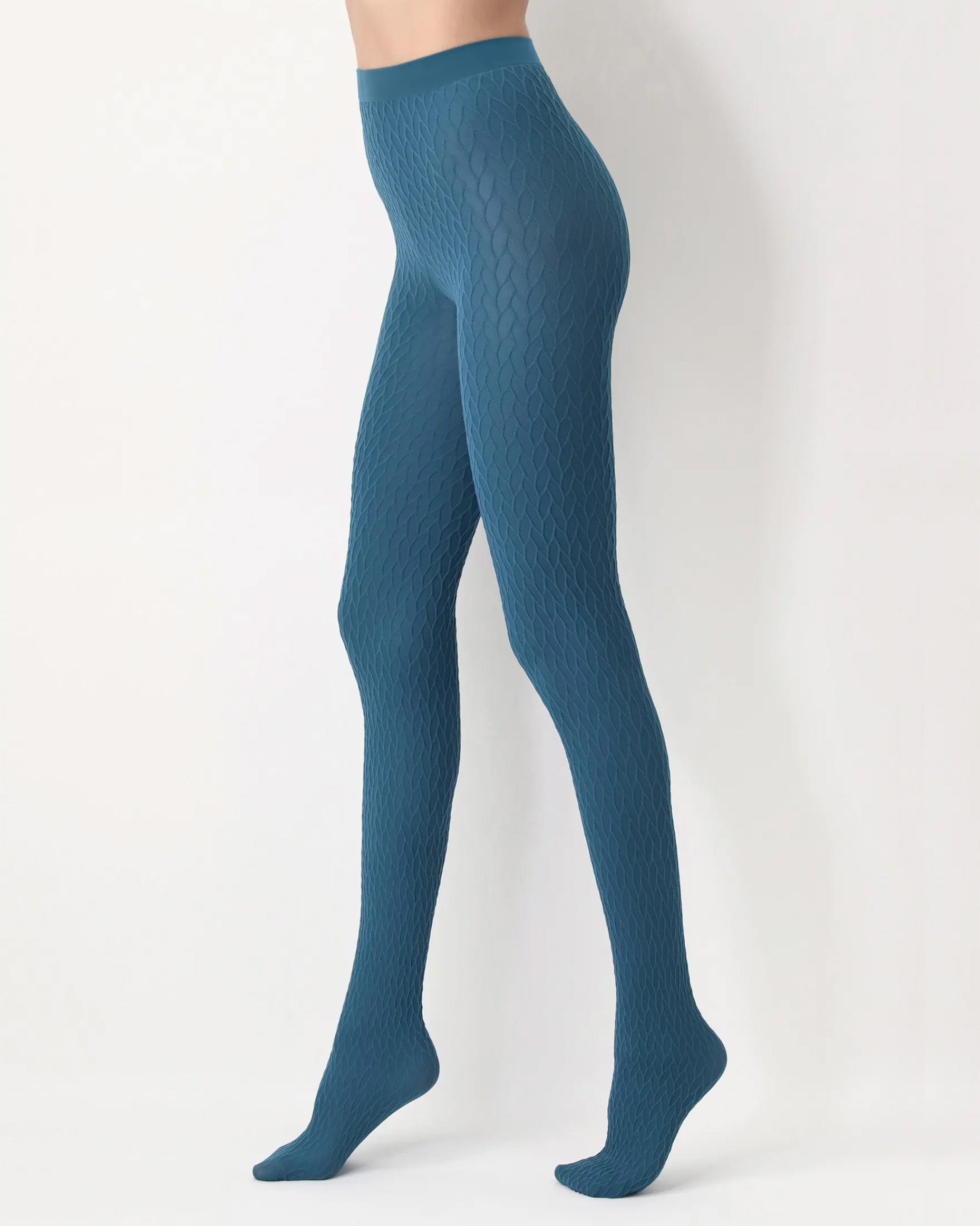 Oroblù Winding Tights - Teal blue opaque fashion tights with an all over subtle braided cable knit style textured pattern