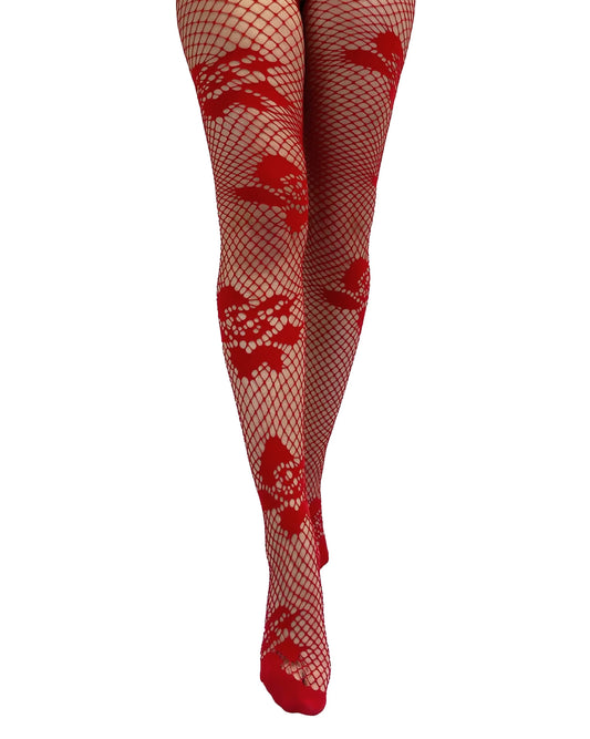 Pamela Mann Dancing Girl Red Tights - Red fishnet lace style tights with big rose style design placed all over.